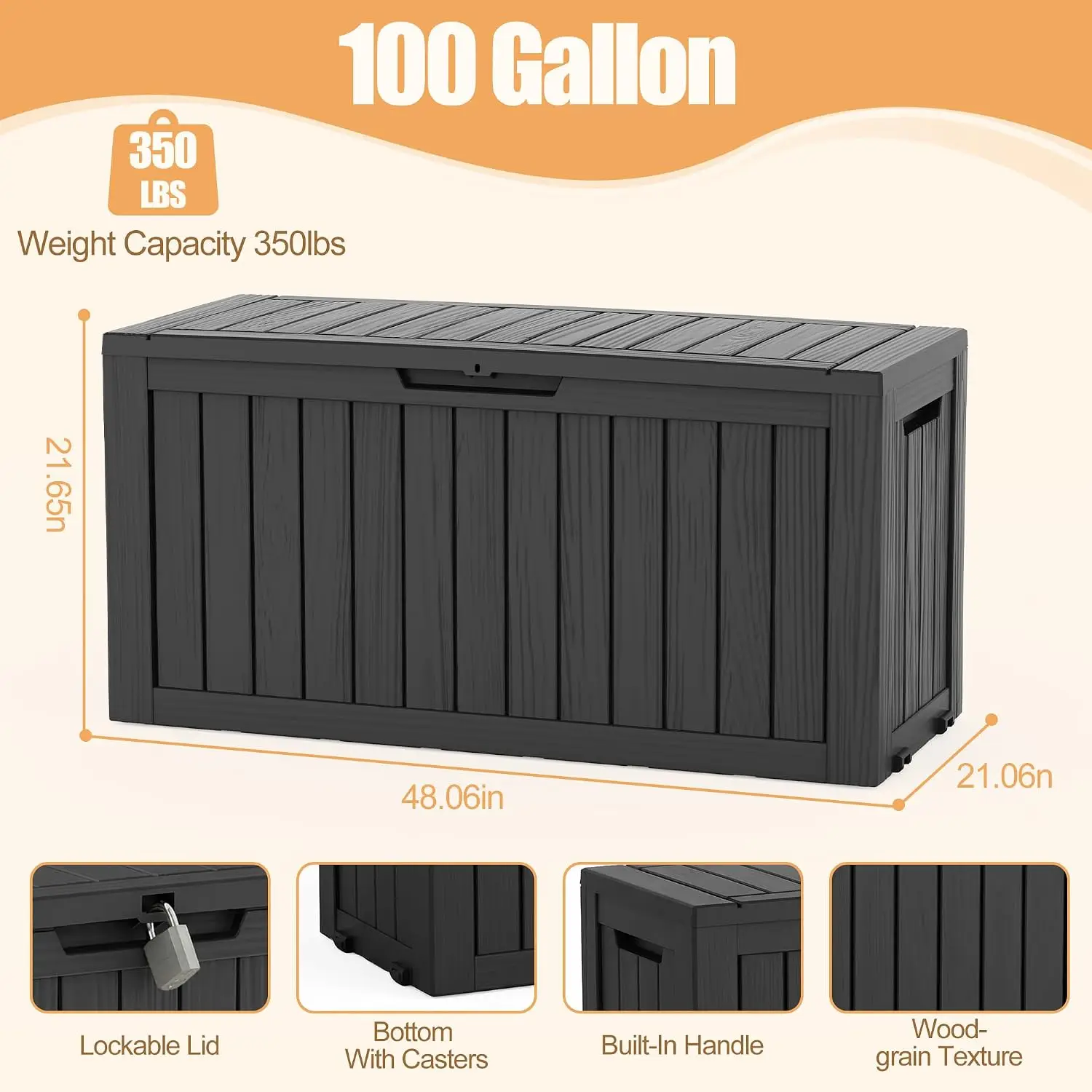 Outdoor Storage Box, 100 Gallon Resin Deck Box, Lockable Indoor Outdoor Waterproof Storage Bins With Bottom Wheels for Patio Cus