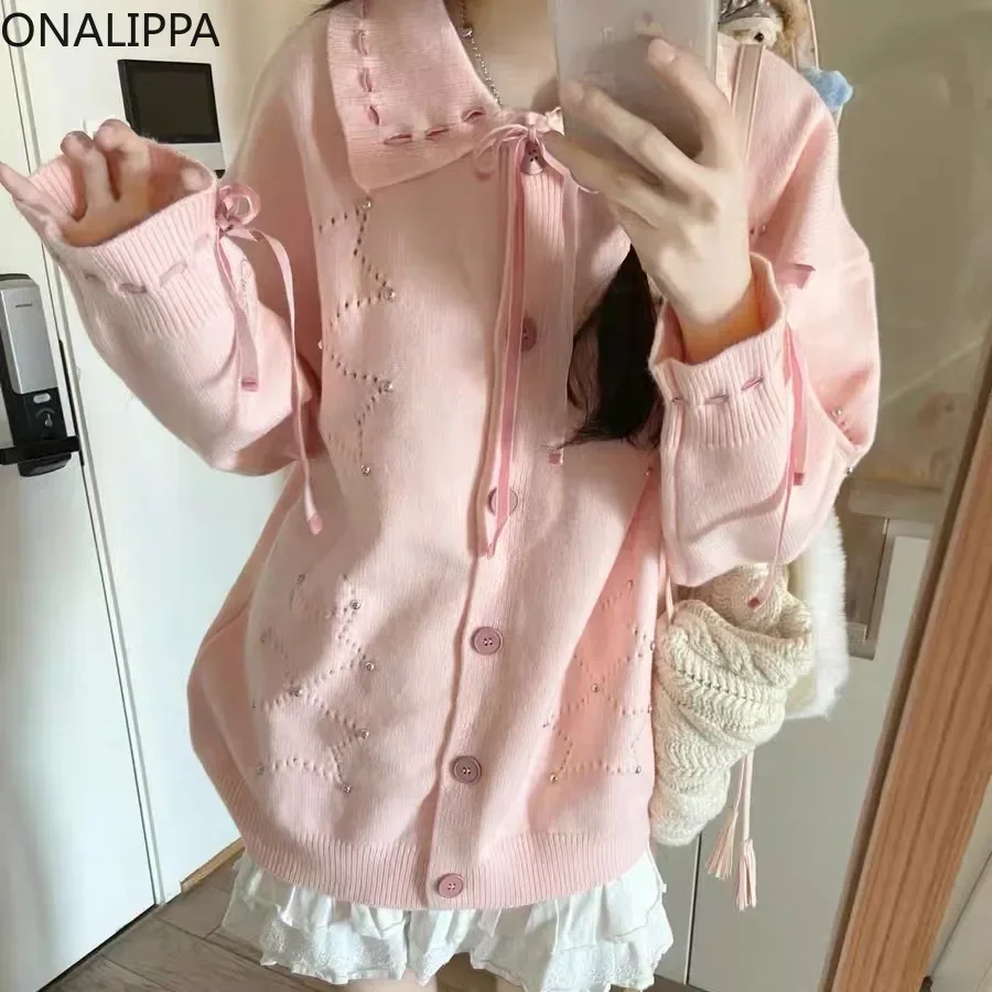 Onalippa Sweet Solid Pink Knitted Women Cardigan Slouchy Style Hollow Out Kawaii Cardigans Korean Peter Pan Collar Sweater