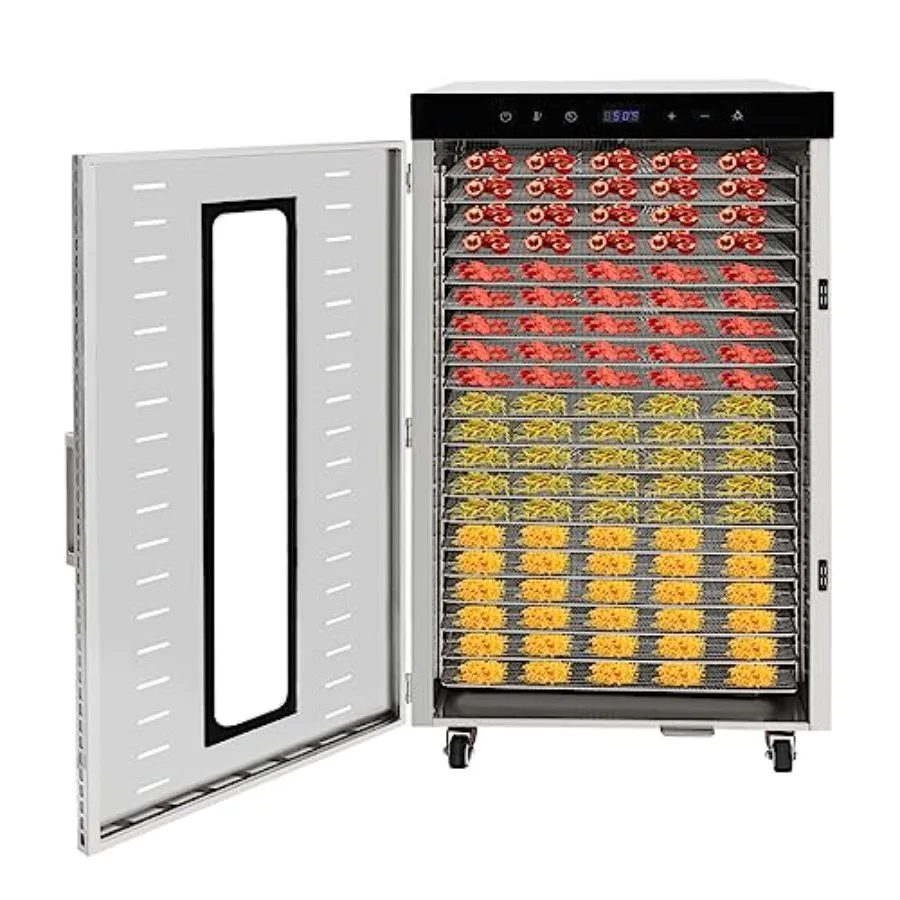 

Commercial food dehydrator for vegetables fruits spices meats: 20-layer 1700W 304 stainless steel dryer with 4 wheels and LED d