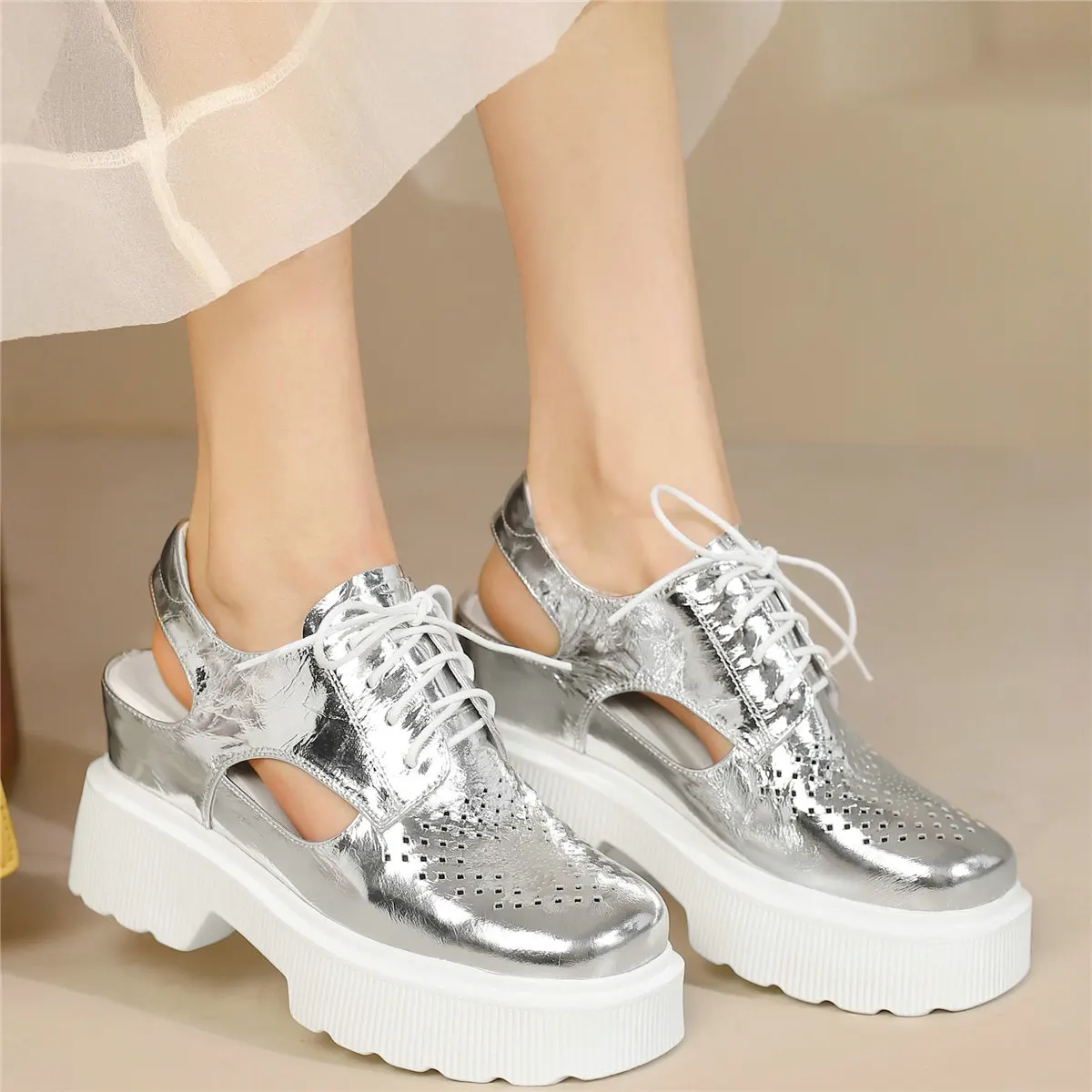 2023 Platform Pumps Shoes Women Lace Up Cow Leather High Heel Gladiator Sandals Female Square Toe Fashion Sneakers Casual Shoes