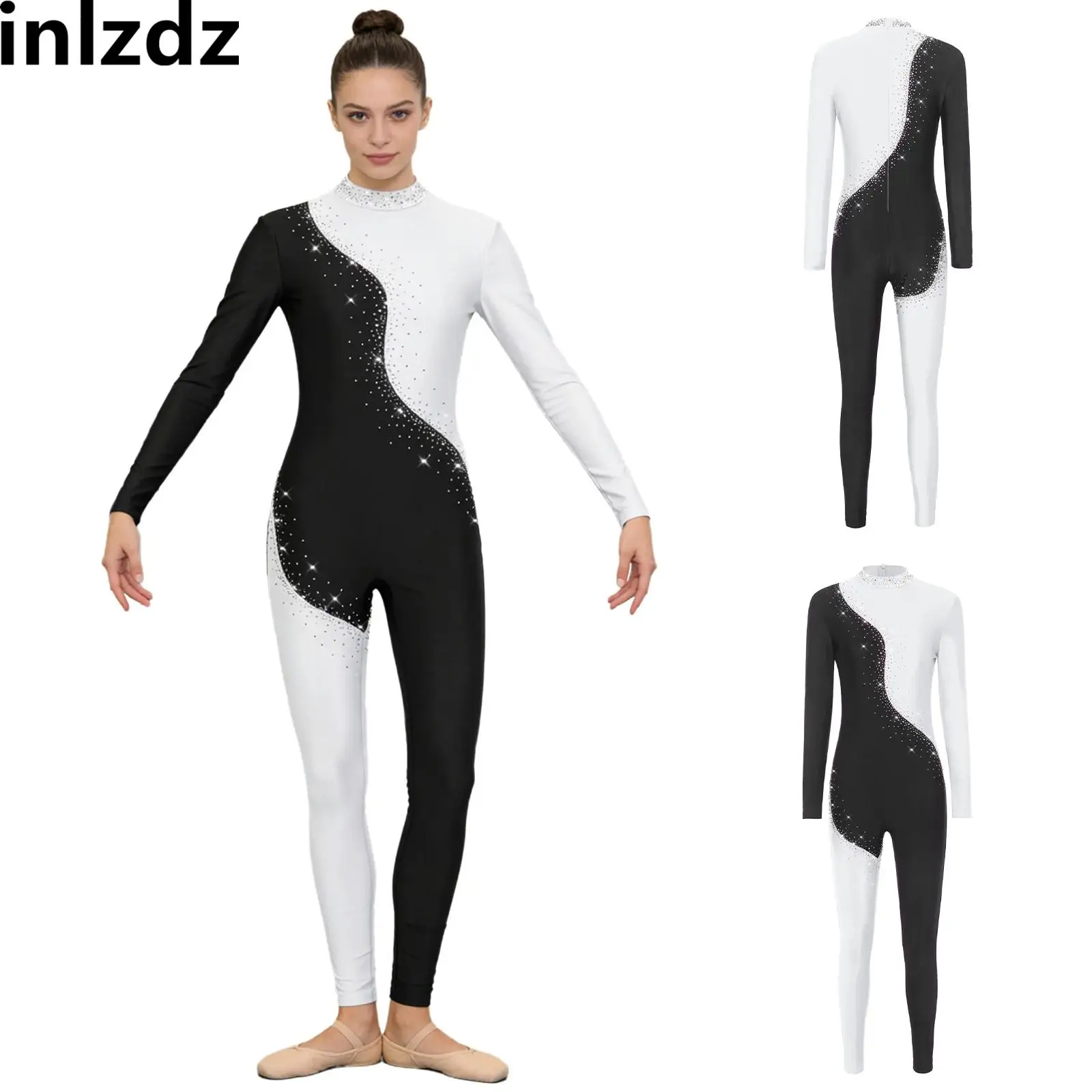 

Womens Acrobatic Rhythmic Gymnastics Ballet Dance Costume Rhinestones Long Sleeve Color Block Skating Jumpsuit Full Bodysuit