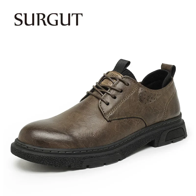 SURGUT Leather Vintage Larger Size Men Casual Shoes Top Luxury Dermis Quality Men Leather Shoes Brogue Retro Bussiness Shoes Man