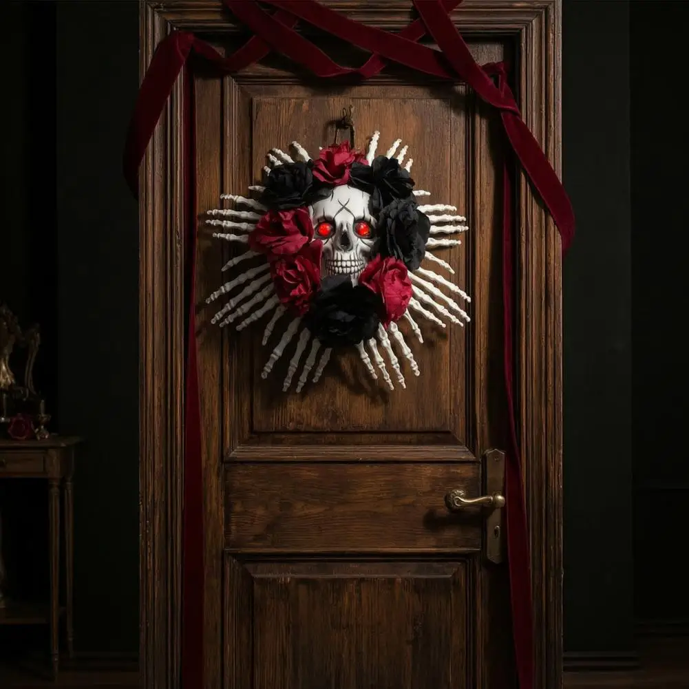 Festival Atmosphere Setting Supplies Halloween Skull Wreath for Front Door Skeleton Hands with Black Roses Spooky Halloween Wall
