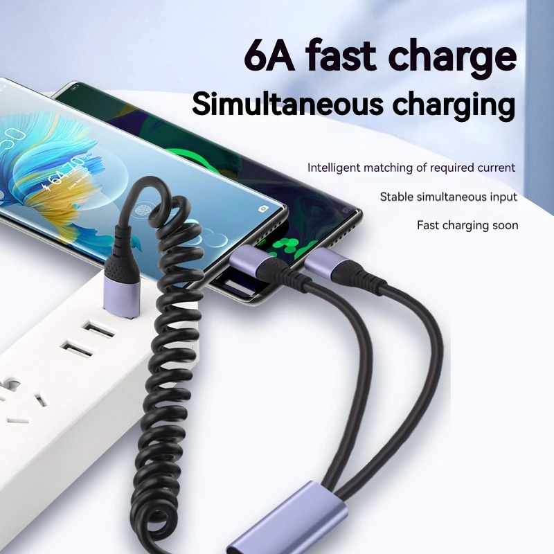 كابل بيانات زنبركي سريع الشحن ، نوع C و USB الصغير ، سلك سلك مطاطي لـ xiao ، huwa ، samng ، سيارة ، 2 في 1 ، 6A