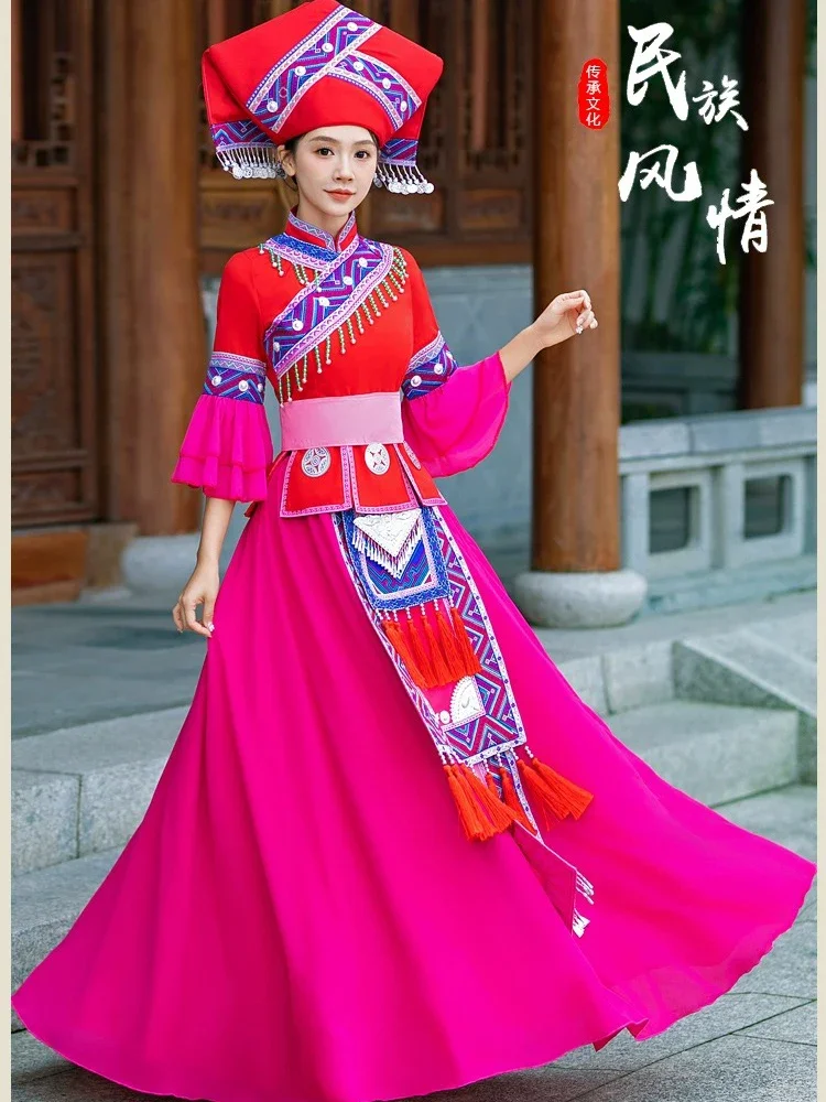 Tujia women, Xiangxi ethnic minorities, Guangxi Zhuang ethnic dress up adult set, Miao dance performance costume 4-piece set