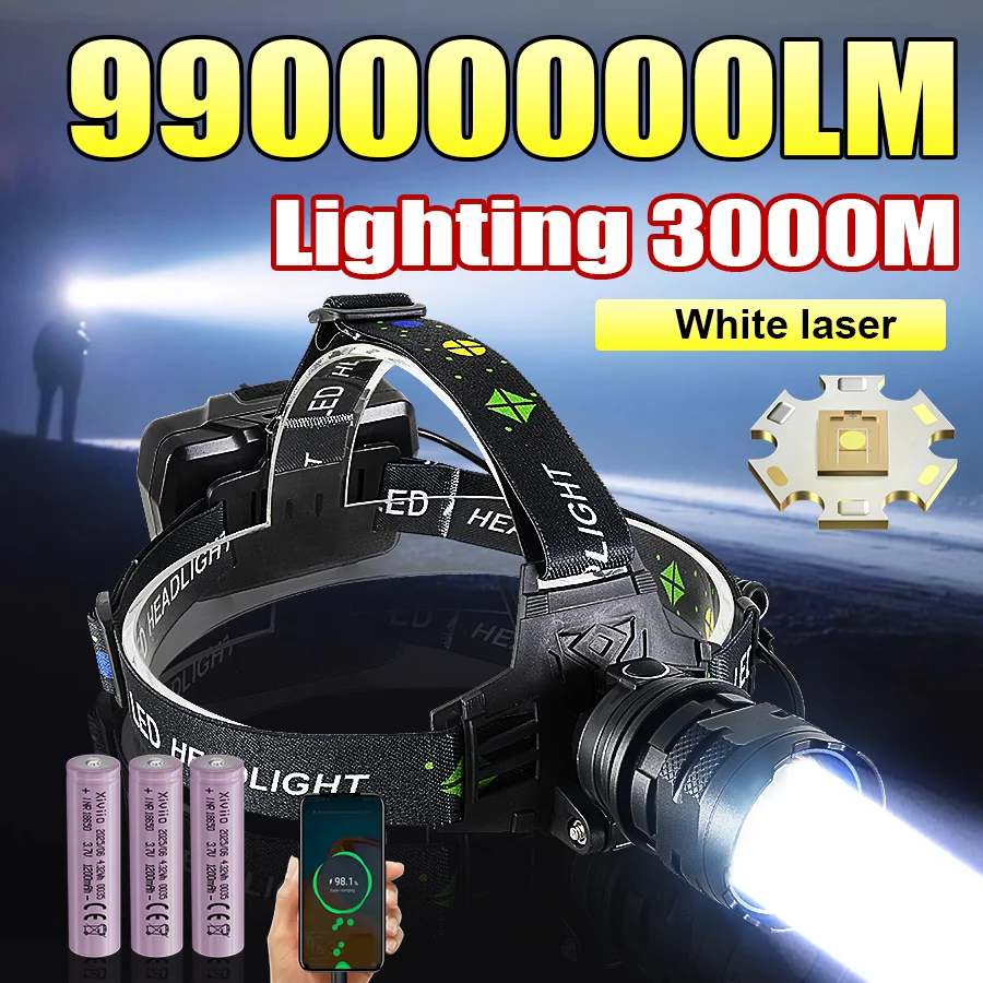 2025 99000000LM Powerful Headlamp Portable Rechargeable Lamp Super Powerful Head Flashlight Long Range LED Headlamp For Fishing
