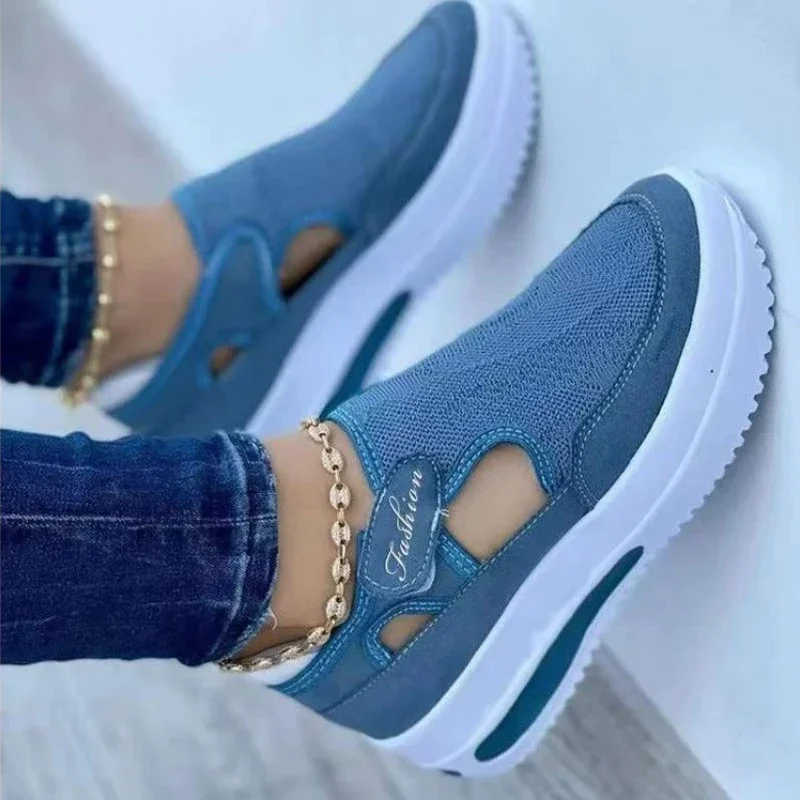Large  summer  breathable women\'s casual shoes with thick sole  sloping heel hollowed out low cut women\'sshoes