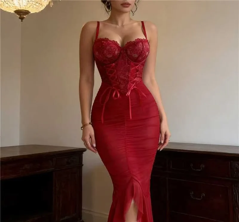 Women's Sexy 2-Piece Lingerie Set Lace Sheer Mesh See-Through Slip Dress Transparent Seductive Intimate Nightwear Sleepwear