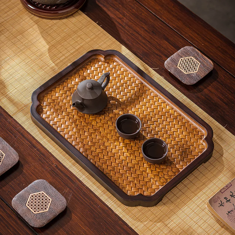 1PC Embossed Pattern Tea Tray New Chinese Style Square Round Bamboo Tea Plate Household Desktop Decoration