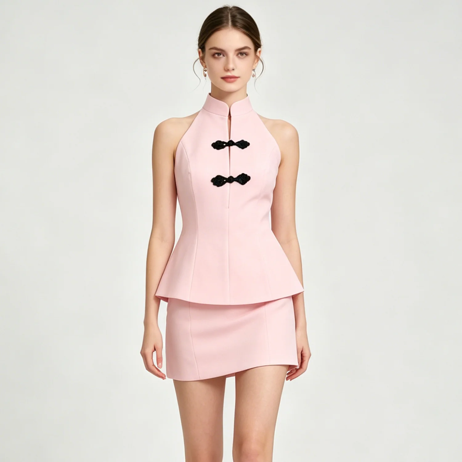 LIMO Pink Chinese Style Halter Neck Top Women Black Knot Decor Peplum Blouse