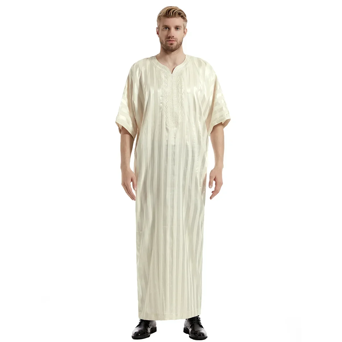 Arab Men New Muslim Striped Mid-sleeved Embroidered Robe Clothing, Dubai, Pakistani, Middle Eastern Muslim Robes, Turkish Muslim