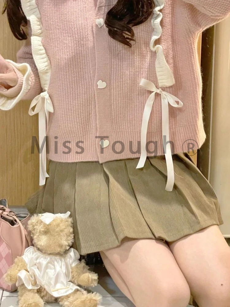 Pink Japanese Kawaii Two Piece Set Women Preppy Style Bow Sweet Skirt Suit Female Knit Cute Cardigan ＋ Brown Elegant Mini Skirt