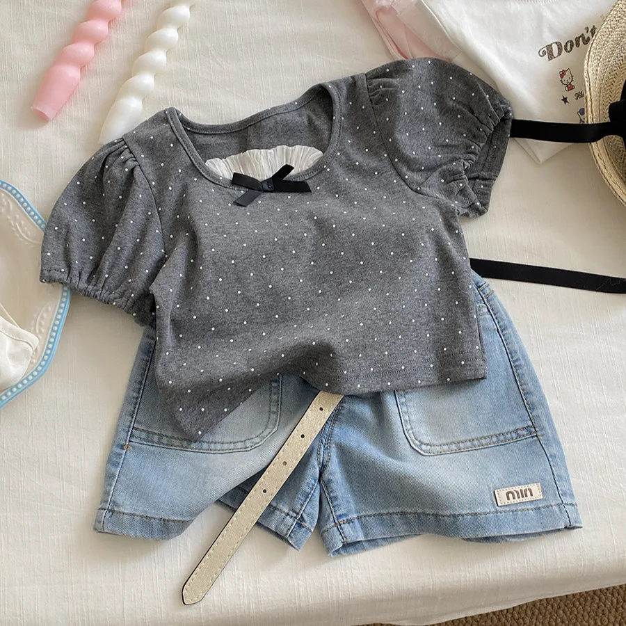 

Summer girls' short sleeved T-shirt with Korean style polka dot bow and versatile bubble sleeves