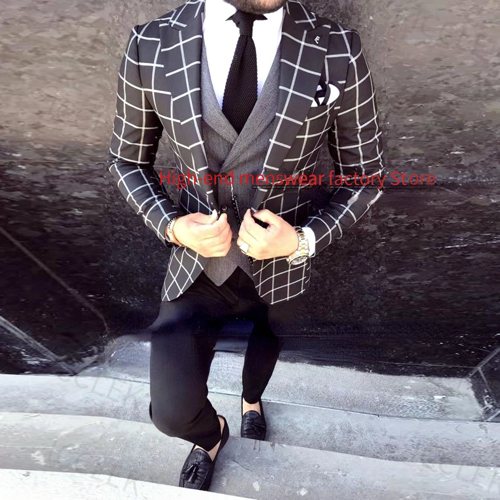 

Black Plaid Business Suits Men For Wedding 3 Pieces Check Jacket+Vest+Pants Slim Fit Groomsman Blazer Trajes Para Hombre 2022