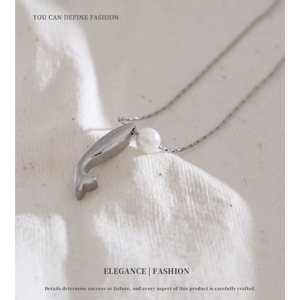 NiNice Necklaces for Women Stainless Steel Imitation Pearl Metal Fish Shaped Pendant Fashionable Waterproof Popular Gift New
