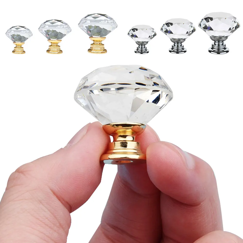 20/30/40mm Diamond Crystal Cabinet Door Dresser Knobs Drawer Furniture Pull Handle Knobs Gold Sliver Crystal Knobs