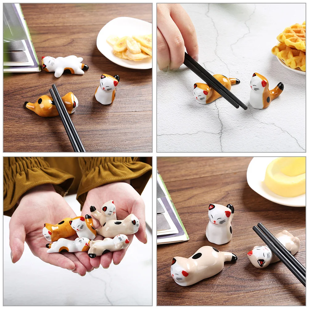 

6Pcs Ceramic Cat Chopstick Racks Non Slip Easy Clean Tableware Rests Kitchen Counter Organizer for Chopsticks and Spoons
