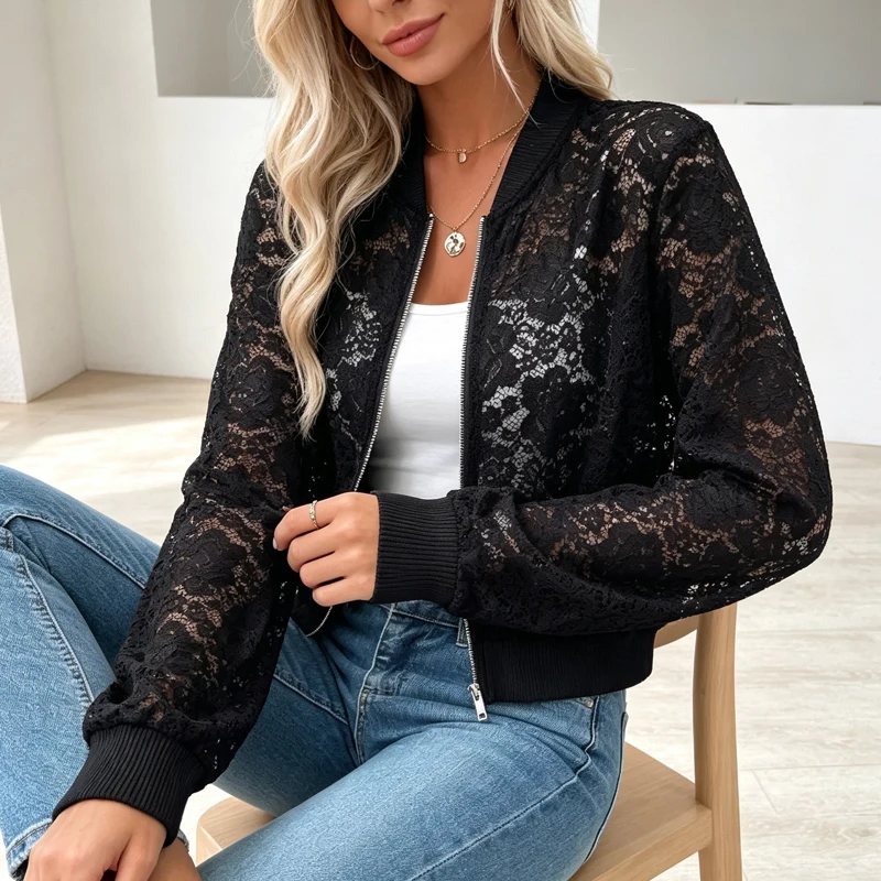 2026 Fashion Elegant Short Zipper Cardigan Spring Solid Color Jacket Autumn Chic See Through Lace Hollow Long Sleeve Jacket