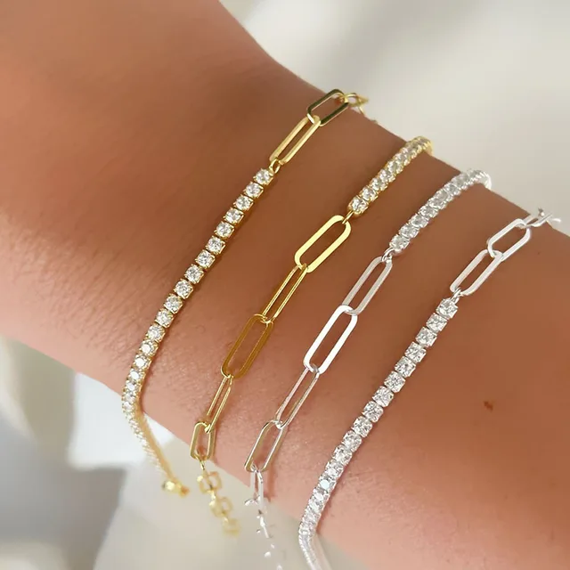 Nowa ślubna bransoletka tenisowa z łańcuszkiem do spinacza do papieru dla kobiet INS Style Kolorowa bransoletka z cyrkoniami 4 mm Iced Out Biżuteria z łańcuszkiem na rękę