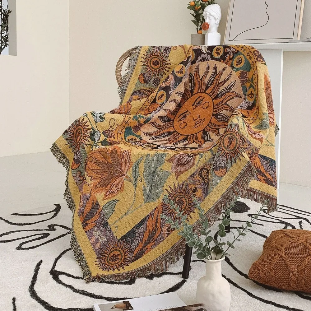 

Vintage Boho Sun God Throw Blanket, Aesthetic Woven Tassel Blanket, Multi-use Decorative Sofa Cover, Picnic Mat & Wall Tapestry