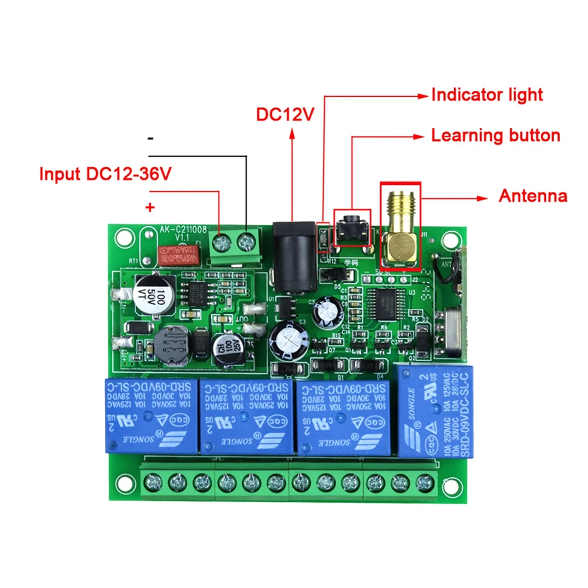 DC12-36V 4CH RF Wireless Remote Control Switch Receiver with 2000M Long Distance Remote Controller Suckers Antenna