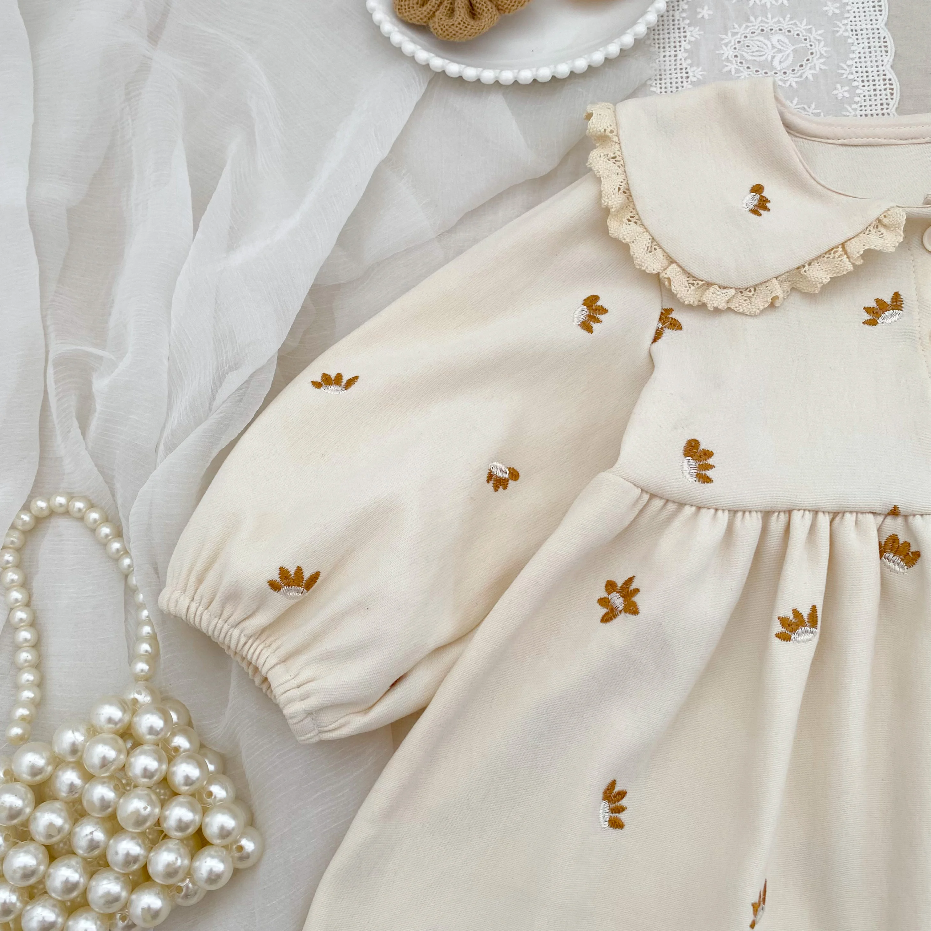 2026 Baby-Mädchen-Kleid mit langen Ärmeln, koreanischer Stil, Kragen, Spitze, Blumenstickerei, Baumwolle, Kleinkind-Prinzessinnenkleid, Herbst-Kinderkleidung – Detail 9