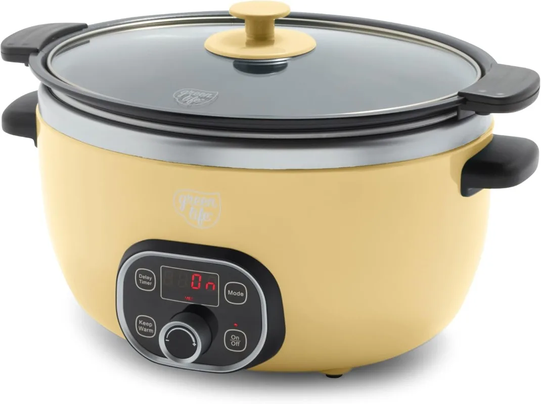 6 QT Ceramic Slow Cooker, PFAS-Free, Programmable, Removable Healthy Nonstick Pot, Butter Yellow