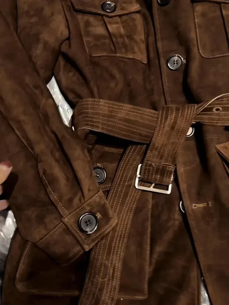 Giacca lunga in pelle scamosciata per bambini importata da donna retrò 2025 Giacca invernale in vera pelle retrò color cioccolato Cintura Midi Street