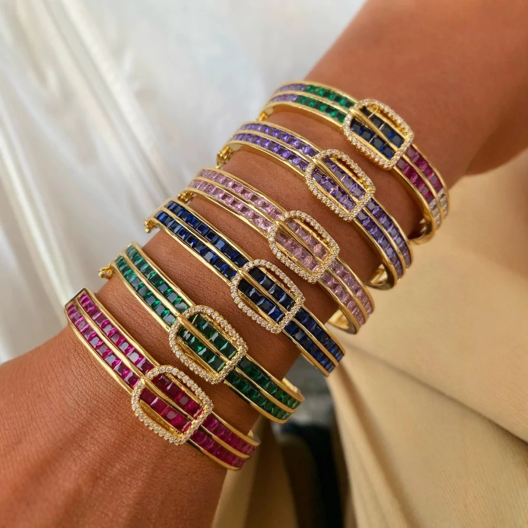 

European and American Fashion Trend Cubic Zirconia Inlaid Horseshoe Buckle Design Bangles Electroplated 18k Gold