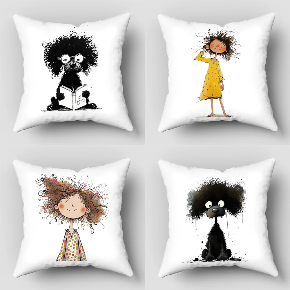 Cartoon Girl Pillow Cover Bedroom Home Office Decorative Pillowcase Square Zipper Pillow Cases Satin Fabric Eco-Friendly 8.1