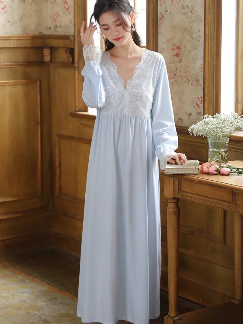 Women Cotton Ruffles Lace V-Neck Vintage Nightgowns Robe Nightie Long Sleeve Night Dress Victorian Romantic Princess Sleepwear