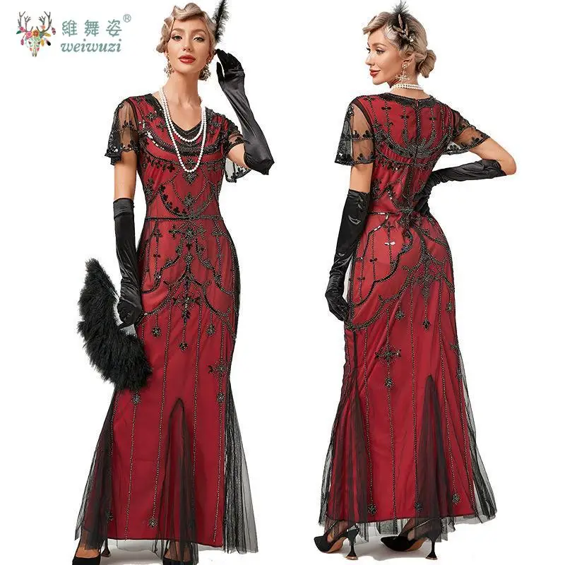 ヴィンテージエレガントファッションスパンコール半袖スリムフィットバンケット薄手ガーゼメッシュビーズ刺繍イブニングガウンロングフィッシュテールスカート