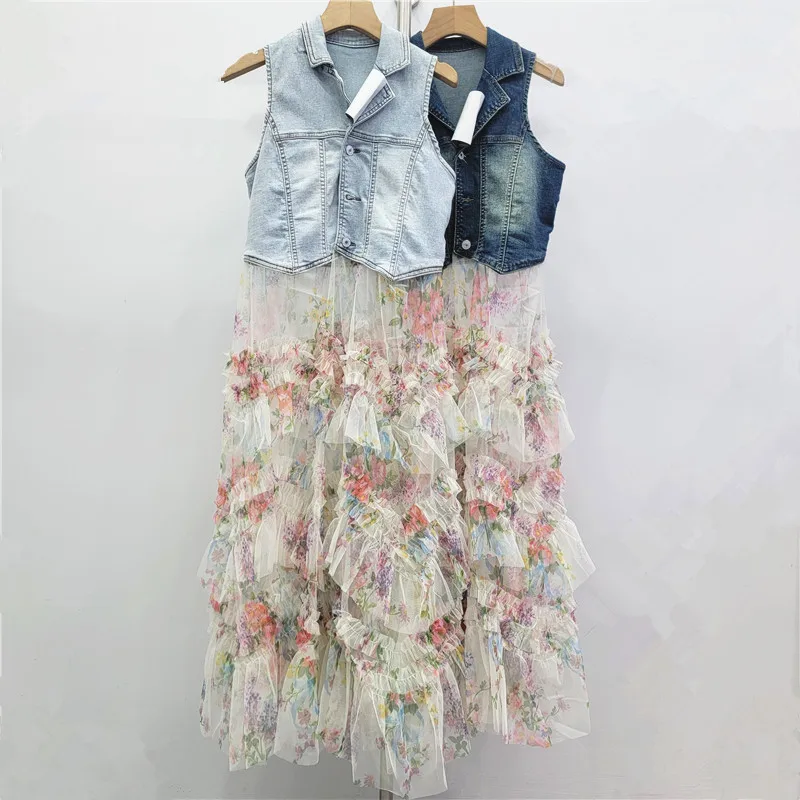 Estilo coreano fino ajuste denim colete retalhos impresso malha saia feminina moda floral em camadas fofo saia longa primavera verão novo