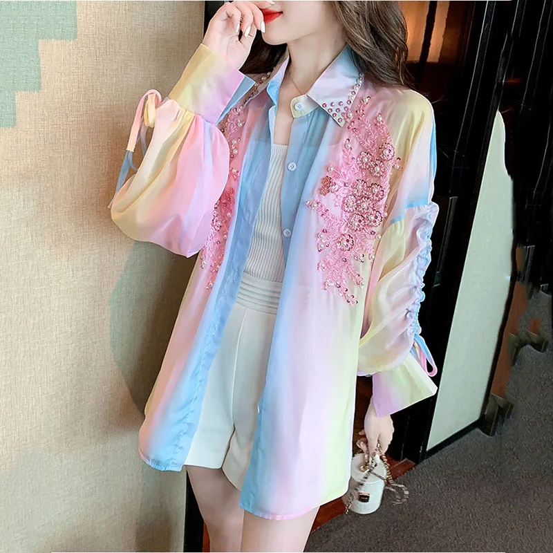 2024 Summer New Ladies Beaded Embroidery Rainbow Mid-length Shirts Women\'s Loose Thin Drawstring Long Sleeve Sun Protection Tops