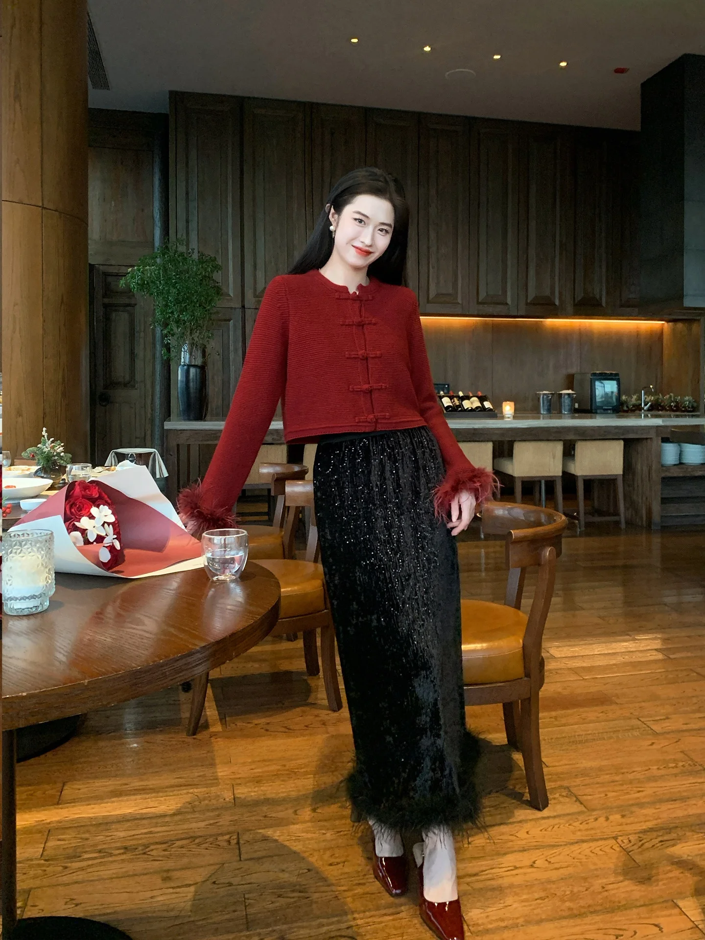 

Lingan Velvet f Skirt Women's Winter Faion Fur Straight Long Skirt New Year's Battle Robe High Waist Diamond Patchwork