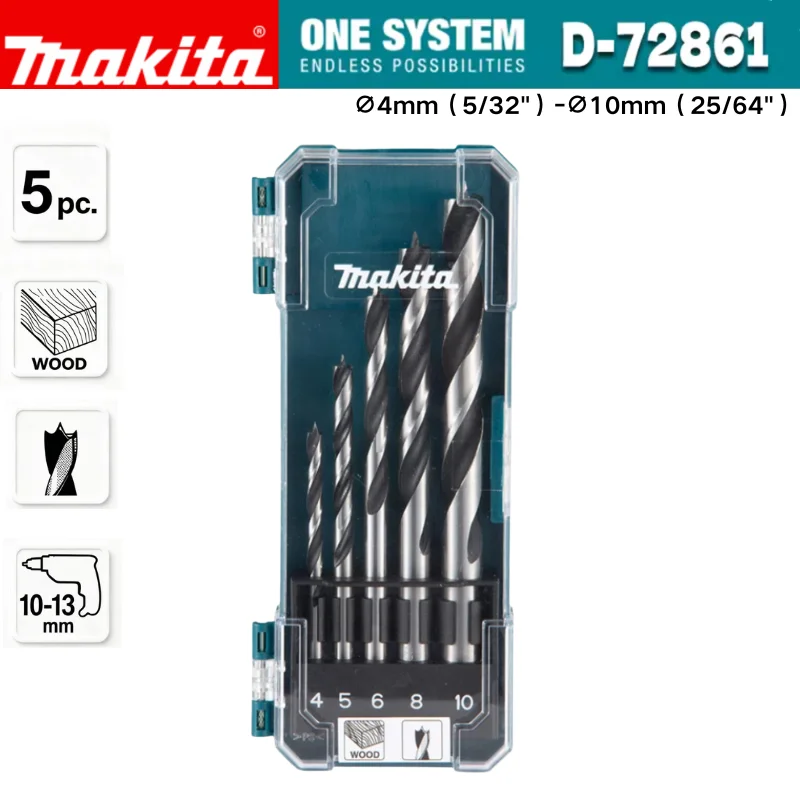 

Makita D-72861 Wood Drill Bit Set 5 Piece 4MM 5MM 6MM 8MM 10MM Straight Shank Bits Wood Drill Bit Twist Drill Tool Accessories