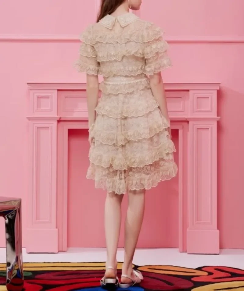 Nuovo ricamo pizzo rosa abito da donna aderente manica corta estate elegante abbigliamento da donna sfilata design festa vestido albicocca