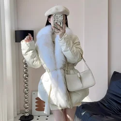 White Goose Down Coat Down Jacket Women New Luxury Natural Fox Fur Collar Warm Parkas Slim Coat Belt Outwear  Female Winter