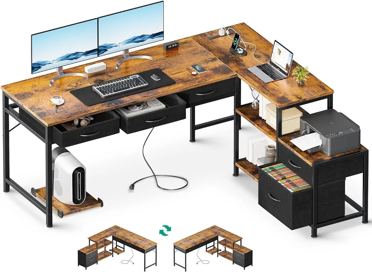 

L Shaped Computer Desk with Fabric Drawers and File Cabinet, 61" Reversible Home Office Workstation Desk with Power Outlets & Ho