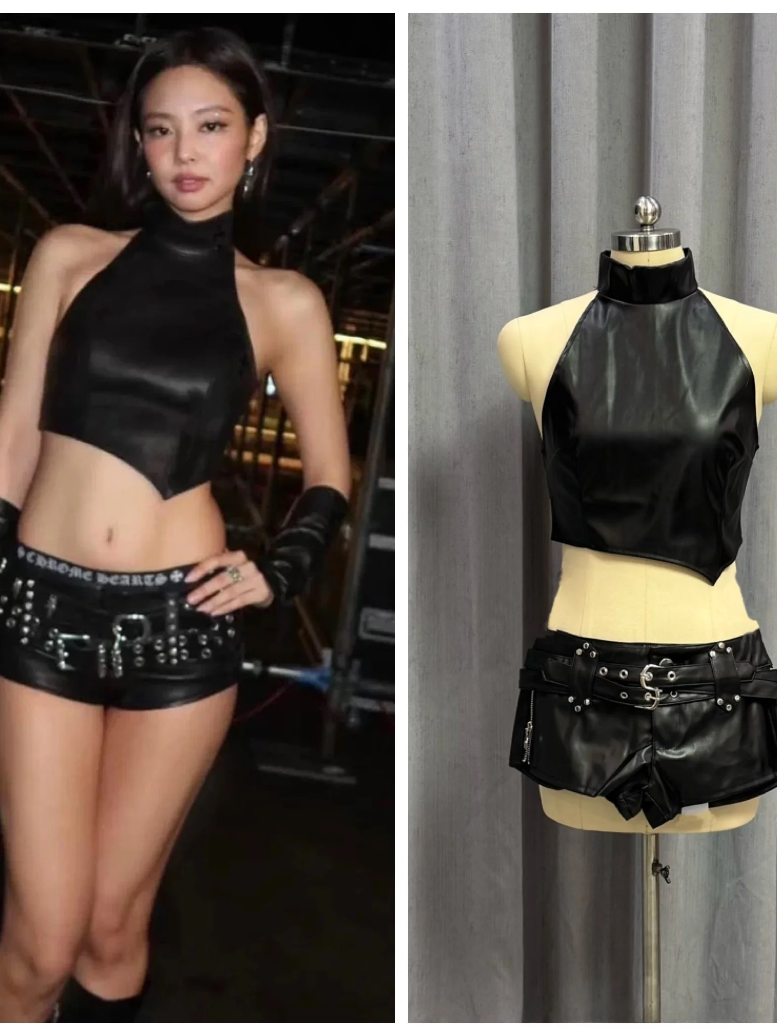 Jennie Stage Costume Heavy Work Black PU Leather High Collar Asymmetrical Vest Shorts Women's Fashion Trendy Chinese Brand