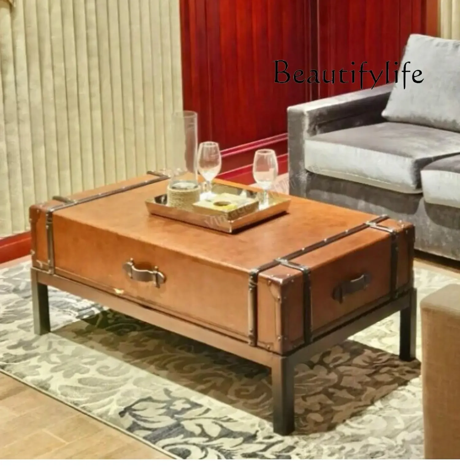 

XR Medieval Retro Solid Wood Leather Case, Coffee Table Storage, Living Room Decorative Cabinet, Living Room Retro Tea Table