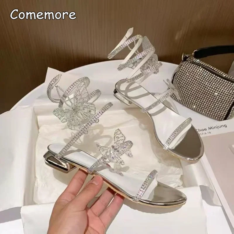 Comemore Summer Crystal Snake Winding Sandals Low Heels 2023 Women Bling Butterfly Roman Sandal Female Sweet Flat Sandals Shoes