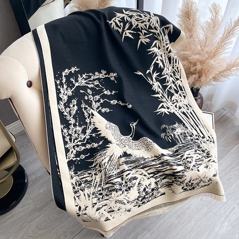 Women Winter Cashmere Scarf White Crane and Bamboo Forest Pashmina Luxury Brand Shawls and Wraps Bufanda Echarpe Warm Blanket