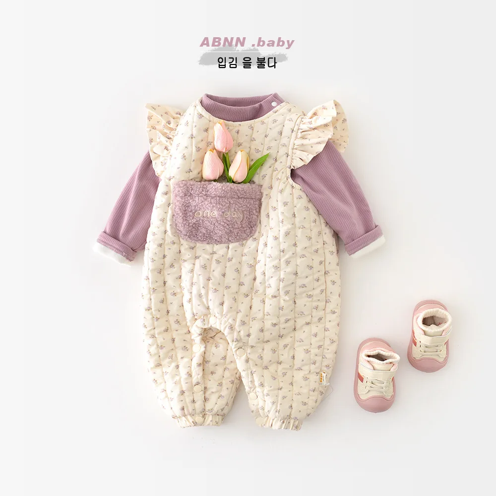 

Детские толстые теплые боди для маленьких девочек, зима 2025 года, детские комбинезоны с цветочным узором для девочек 1–3 лет, комбинезон для новорожденных