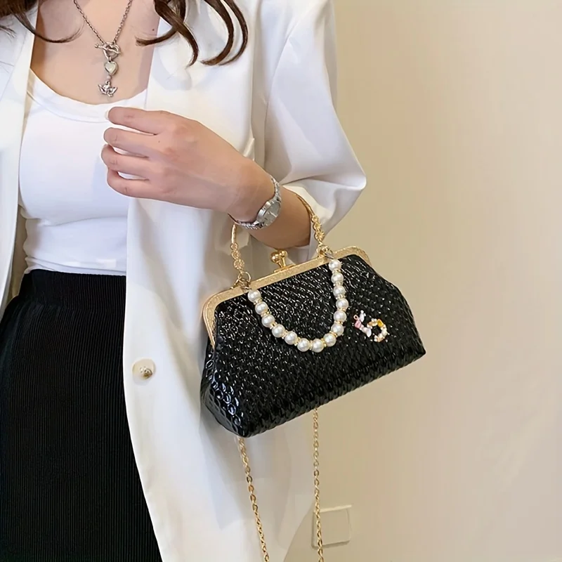 

Elegant Top Ring Evening Handbag, Luxury Faux Pearl Clip Purse, Women's Clutch Bag For Wedding Party Prom Banquet - Perfect for