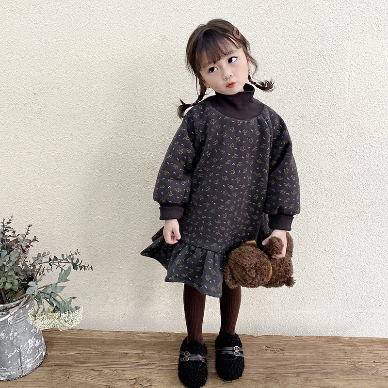 Kids Girls Autumn Winter Thickened Warm High Neck Sweater Dress 2023 New Korean Baby Velvet Children\'s Dresses