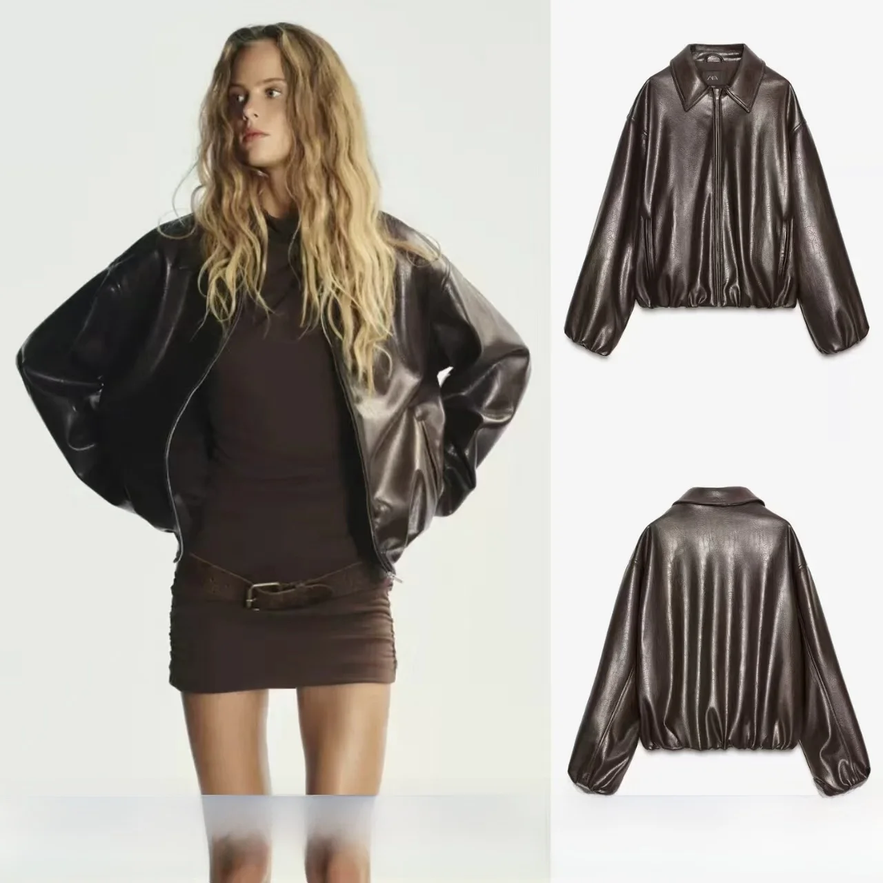 

Новинка осени: Элегантная женская куртка из искусственной кожи с воротником-пилотом, длинными рукавами, на молнии, свободного кроя, в повседневном стиле, из ПУ кожи