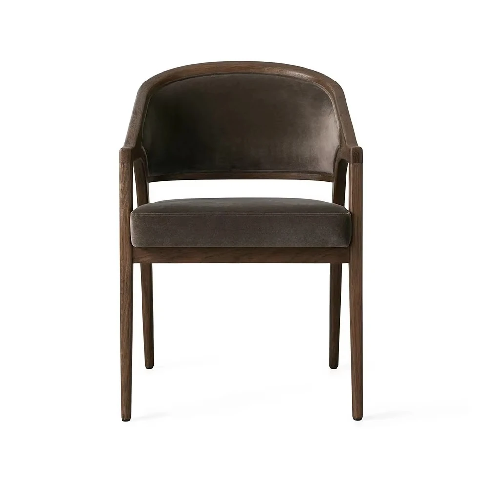 Modern French-Style Solid Wood Dining Chair Mocha Upholstered Back Fabric Arm Chair for Home Kitchen Hotel or School Use