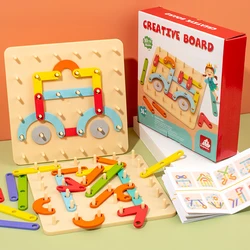 Children Wooden Toys Creative Board Nail Board Geometric Column Set Construction Puzzle Geometric Pegboard Montessori Sensory