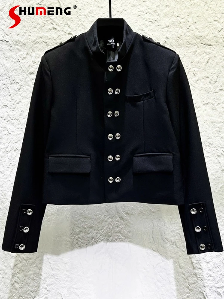 الذكور الوقوف طوق بليزرات قصيرة الرجال 2025 الخريف جديد شخصية زر الديكور مزدوجة الصدر مبطن الكتف البدلة الستر